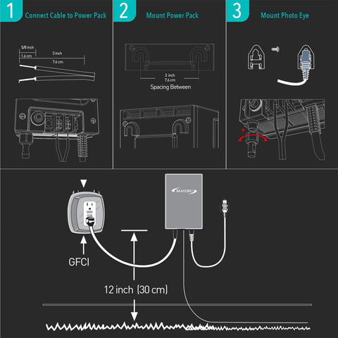 Installation diagram for 120 Watt Low Voltage Landscape Lighting Transformer with sensor and weather shield, step-by-step setup.
