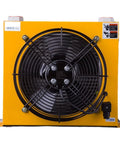 Front view of 100Lpm Aluminum Hydraulic Oil Air Cooled Radiator And Heat Exchanger, AH1012T Model, yellow housing, large fan
