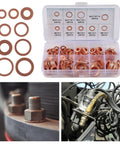 200 Pcs Flat Copper Washer Set Nine Sizes M5 To M14 O Ring Copper Gasket Seal Kit Pro Grade in case with washers and applications.