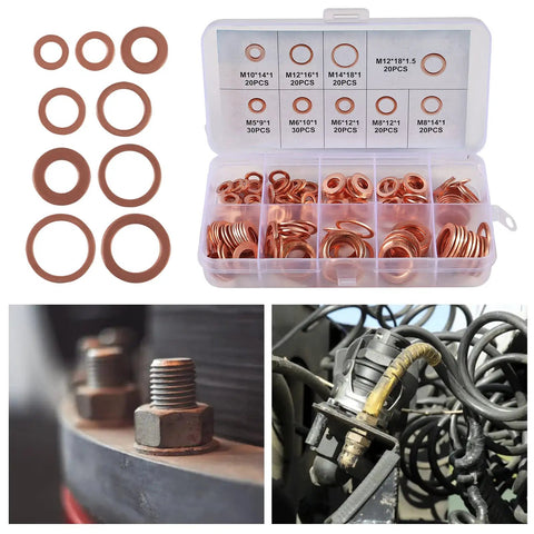 200 Pcs Flat Copper Washer Set Nine Sizes M5 To M14 O Ring Copper Gasket Seal Kit Pro Grade in case with washers and applications.