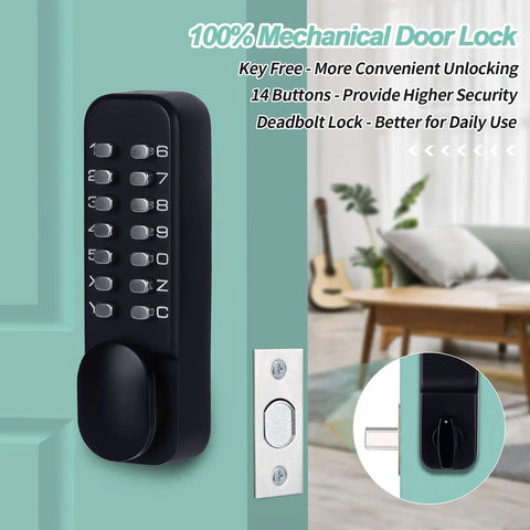 Keyless Mechanical Combination Lock With Keypad, Black Finish, No Batteries Or Wiring Needed, One Hundred Percent Mechanical Door Lock For Secure Access