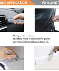 Two Piece 4140 Pry Bar Set For Auto Panel Removal And Trim Demolition in use on car dashboard and door panels.