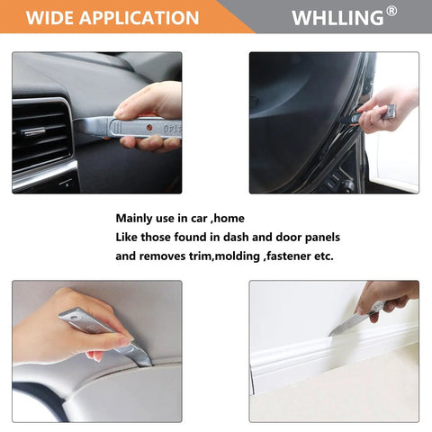 Two Piece 4140 Pry Bar Set For Auto Panel Removal And Trim Demolition in use on car dashboard and door panels.