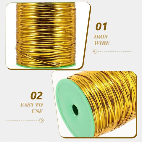 Get Your Hands On This Automatic Twist Tie Machine For Gold Wire Bundling That Ties Up Cables In A Flash With Fast Operation And Super Speed Sealing Gear Perfect For Any Tight Job. Close-up view of golden iron wire spool.