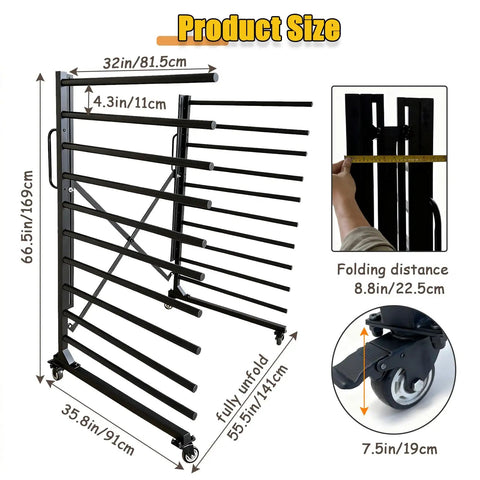 Knockout Heavy Duty Steel Paint Drying Rack With Smooth Rolling Caster Wheels For Cabinet Doors Drawer Panels And Wood Trim Sweet Vertical Organizer Setup In Charcoal Black dimensions showing height and width measurements.