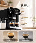 Fully Automatic Espresso Machine With Built In Grinder And Integrated Milk Frother Pulling Barista Quality Shots Straight On The Counter with coffee brewing in two cups.