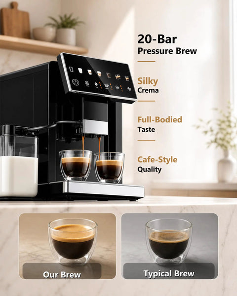 Fully Automatic Espresso Machine With Built In Grinder And Integrated Milk Frother Pulling Barista Quality Shots Straight On The Counter with coffee brewing in two cups.