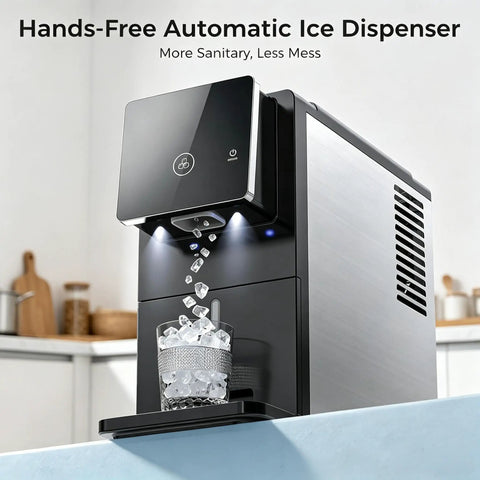 Smooth Operator Countertop Nugget Ice Maker With Snap Pour Auto Dispenser 33 Lbs dispensing chewable ice into glass.