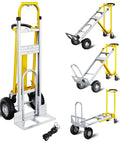 Heavy Duty 4 In 1 Convertible Hand Truck Dolly Cart displayed in various configurations with smooth swivel wheels and adjustable handle.