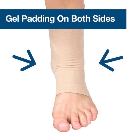 Ankle Bone Protection Socks With Gel Pads For Boots And Skates, showing beige sleeve with gel padding on both sides of the foot.