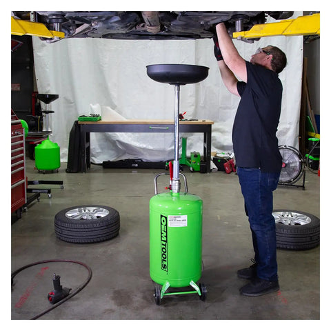 18 Gallon Spillproof Portable Oil Drain Pan With Rolling Cart And Steel Waste Oil Container For Easy Oil Changes in use