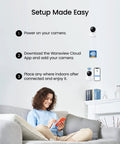 Indoor Pet Cam 2K Security Cam With Motion Alerts And Pan Tilt SD Card And Cloud Storage Baby Nanny Cam setup instructions with person using phone.