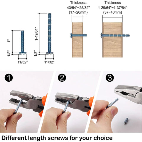 Diagram and steps showing screw lengths and trimming for Oil Rubbed Bronze Cabinet Pulls Set 25 Pack 5 Inch Overall Length With 3 Inch Hole Centers.