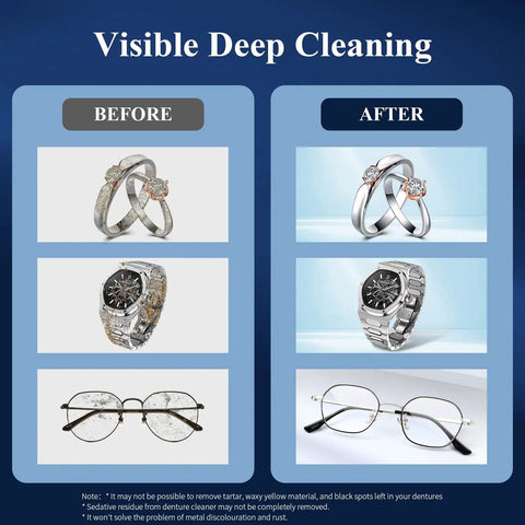 Before and after cleaning with 48KHz Ultrasonic Jewelry Cleaner With Five Cleaning Modes For Jewelry, Eyeglasses, Rings, Watches, 500ML Stainless Steel Tank