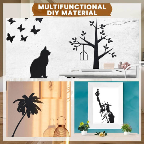 Multifunctional DIY material with adhesive foam gasket sheet designs including cat, tree, bird, statue, and palm silhouette for decoration