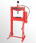 Heavy Duty 30 Ton Air Hydraulic Shop Press With Red Rock Solid H Frame Build Featuring Adjustable Table Height, showing the press from front view.