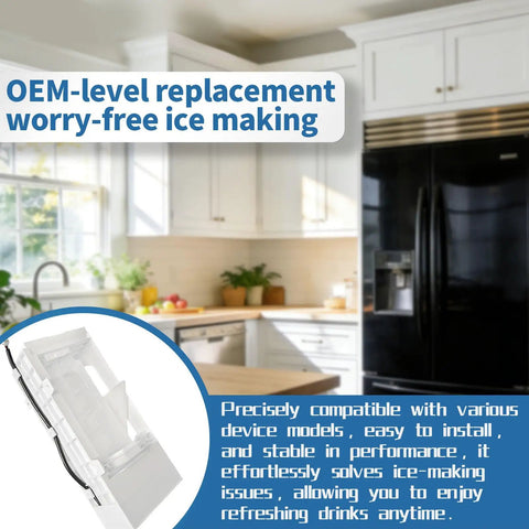 Kitchen with black refrigerator and W11455232 Ice Maker Replacement For Refrigerator Premium Upgraded ABS AS Plastic shown in inset