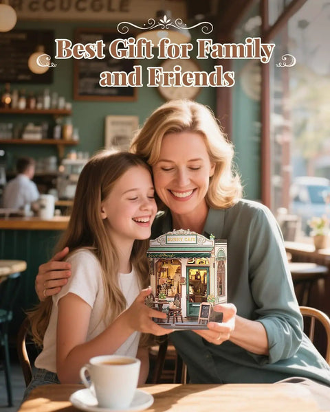 Mother and daughter with Sunny Cafe Book Nook Kit DIY Cozy Miniature House for Adults and Teens with LED Light Book Nook Shelf Decor