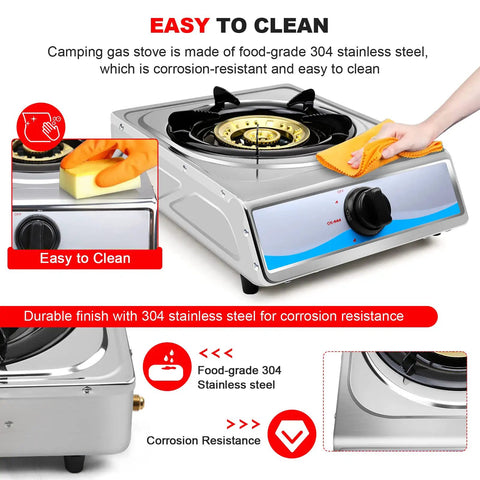 Portable Stainless Steel Single Burner Gas Stove With Auto Ignition Delivers 9800 BTU Per Hour For Quick Even Heating
