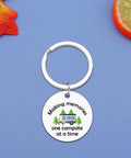 Camper Keychain Gift For RV Lovers And Campers, Travel Trailer Accessory with engraved camper design on blue background.