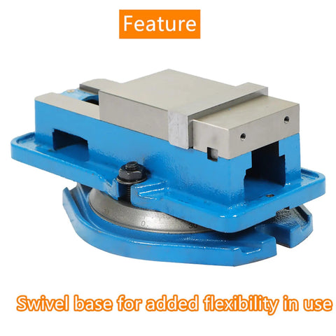 Built Like A Tank Precision Mill Vise With Swivel Base And Lockdown Grip For Cnc Machines Drills And Mills Featuring Anti Jaw Lifting Design and Dang Tough Rugged Steel Construction, side view showing swivel base.