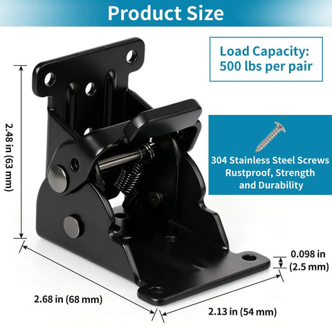 Heavy Duty Folding Brackets 4 Pack With Self Locking Hinges And Stainless Steel Screws for table legs detailed view with size dimensions