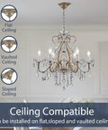 Antique Silver Crystal Candle Chandelier Lighting Fixture For Dining Room Foyer And Living Room With Vintage Vibe installed on ceiling