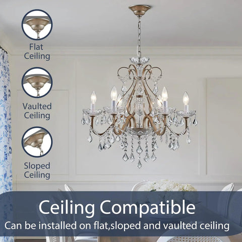 Antique Silver Crystal Candle Chandelier Lighting Fixture For Dining Room Foyer And Living Room With Vintage Vibe installed on ceiling