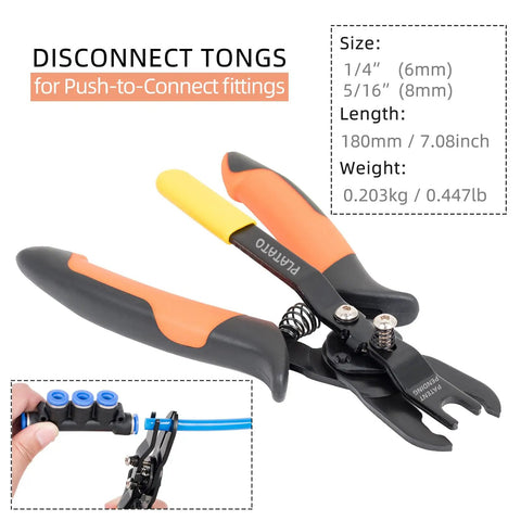 Push To Connect Fittings Disconnect Tong Tool For Easy No Sweat Removal Of Push Fit Pneumatic Fittings In Tight Spaces Fits 1/4 And 5/16 Inches 6mm And 8mm Quick Connect Air Hose Fittings Removal Tool, black and orange