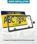 Real Carbon Fiber License Plate Frame Hand Wrapped With Stainless Steel Holder with 4-hole design and screws shown with a New York plate