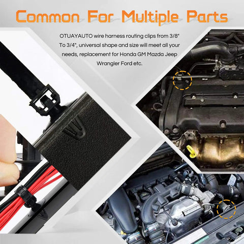 Collage showing 60 Pcs Automotive Wire Loom Clips Set With 5 Size Options From Three Eighths To Three Quarters Of An Inch for car wiring.