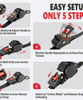Easy setup guide for Heavy Duty Retractable Ratchet Tie Down Straps One Inch Wide By Twelve Feet Long featuring smooth auto rewind and secure tension.
