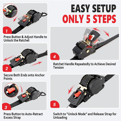 Easy setup guide for Heavy Duty Retractable Ratchet Tie Down Straps One Inch Wide By Twelve Feet Long featuring smooth auto rewind and secure tension.