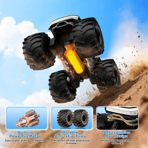 Remote Control Amphibious Monster Truck 1:18 Scale for boys and girls, powerful motor, anti-skip tires, air-borne action