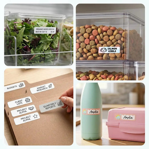 Various labeled containers and folders using the No Sweat Bluetooth Mini Label Maker With Compact Thermal Printer.