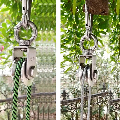 2 Inch U Type Swivel Pulley With 992 Lbs Load Capacity Heavy Duty 304 Stainless Steel Pulley Roller Super Silent Detachable 360 Degree Swivel Wheel And Spring Snap Hook on rope setup