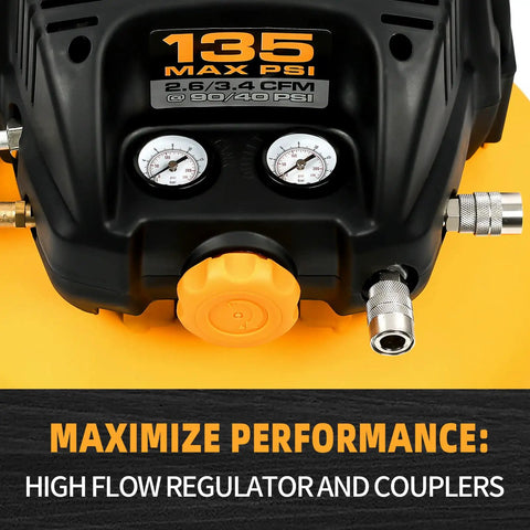 Close-up of pancake portable electric oil free air compressor's pressure gauges and couplers, 135 PSI, 6 gallon tank.
