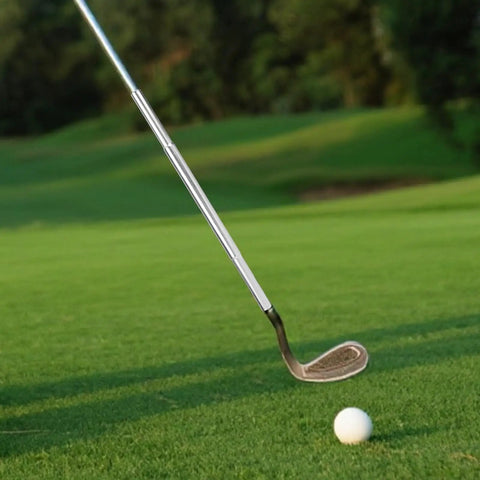 Golf iron with Two Pack Golf Club Extensions Steel Shaft Putter Length Adjustment Tool, on lush green grass, near white golf ball.