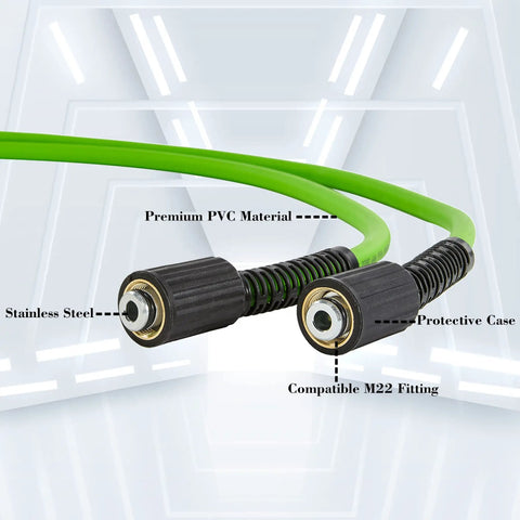 Close-up of Pressure Washer Hose Replacement 3600 PSI 1 Quarter Inch By 25 Feet Flexible Power Washing Extension with M22 fittings.