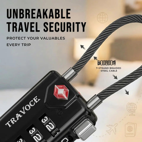Close-up of TSA Approved 3 Digit Combination Cable Locks with red search alert and 7-strand braided steel cable in focus