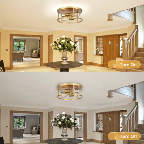 Dope Gold Flush Mount Ceiling Light 12 Inch Modern Round Fixture in champagne gold in living room, shown on and off