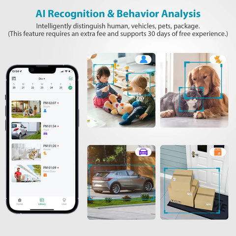 Solar Powered Outdoor Security Camera With Spotlight showing AI recognition on phone and screens with security monitoring images