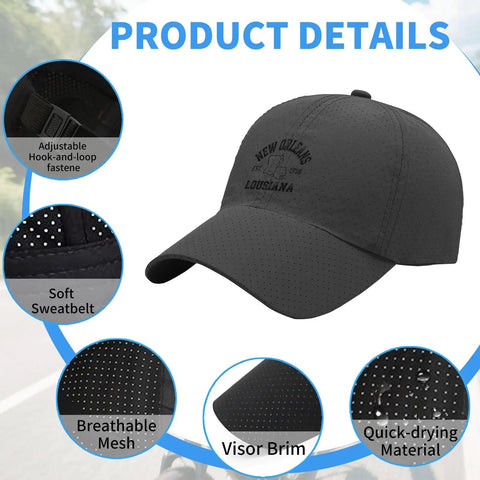 New Orleans Inspired Dark Grey Adjustable Cap For Men with breathable mesh, curved visor brim, quick-drying material, and buckle closure.