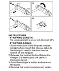 Instruction diagram for Dual End Coax Cable Stripper for RG6 RG59 and RG11 Quad Cables showing usage and stripping length.