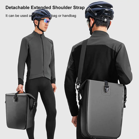 Cyclist carrying Rainproof Bike Rack Pannier Bag With Reflective Strips And Buckle, Adjustable Straps on shoulder