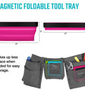 Side view of pink magnetic foldable parts tray, folded and expanded, shown in tool belt. Magnetic Foldable Parts Tray Set, 3 Pack Collapsible Silicone Tool Trays With Double Sided Magnetic Base For Organizing Screws Bolts Nuts Washers Pins And Other Small Metal Parts.