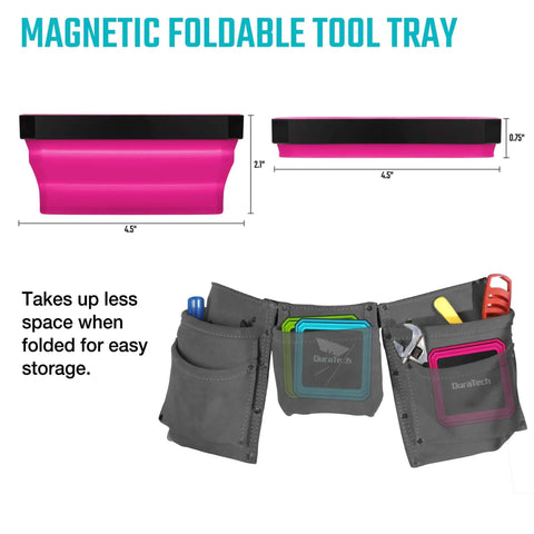 Side view of pink magnetic foldable parts tray, folded and expanded, shown in tool belt. Magnetic Foldable Parts Tray Set, 3 Pack Collapsible Silicone Tool Trays With Double Sided Magnetic Base For Organizing Screws Bolts Nuts Washers Pins And Other Small Metal Parts.