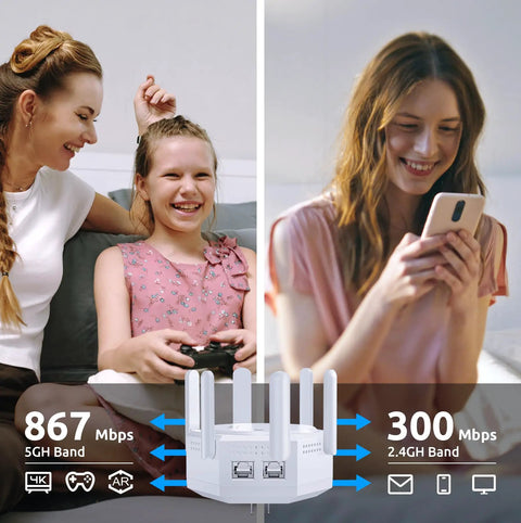 Massive WiFi Coverage Extender Boost With Dual Band Five GHz And Two Point Four GHz Repeater Delivers 1200 Mbps Supports Up To Sixty Devices Perfect For Home Apartment Basement Office House Gloss White Finish showing 867 Mbps and 300 Mbps speeds