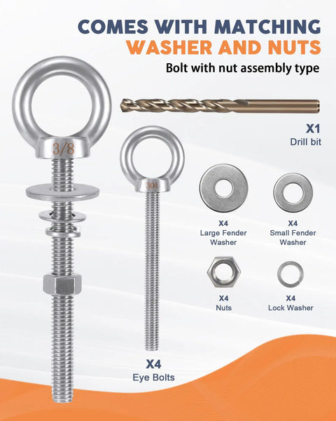 Workhorse Stainless Steel Eye Bolts 3/8-16 Threaded 4 Inch Shank, 5.6 Inch Total Length, 1 Inch Ring Eye, 200 Lbs WLL, 4 Pack Includes Bonus Drill Bit