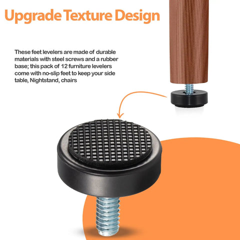 Close-up of 12 Pack Slick 1/4-20 Thread Furniture Levelers with grip tight rubber feet designed to prevent slipping.